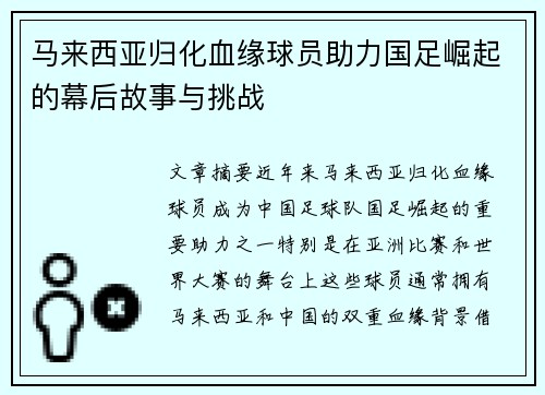 马来西亚归化血缘球员助力国足崛起的幕后故事与挑战