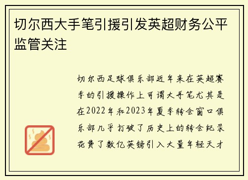切尔西大手笔引援引发英超财务公平监管关注 切尔西大手笔引援引发英超财务公平监管关注