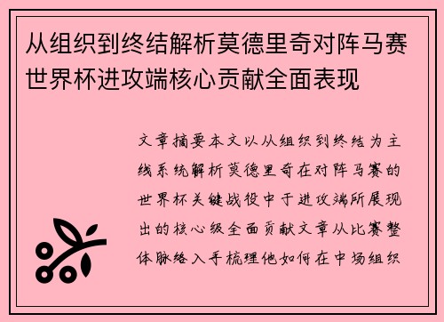 从组织到终结解析莫德里奇对阵马赛世界杯进攻端核心贡献全面表现